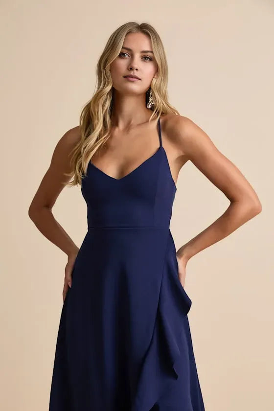 Fashionable Dark Navy A-Line V -Neck Spaghetti Straps Crisscross Back High-Low Ruffled Prom Dress