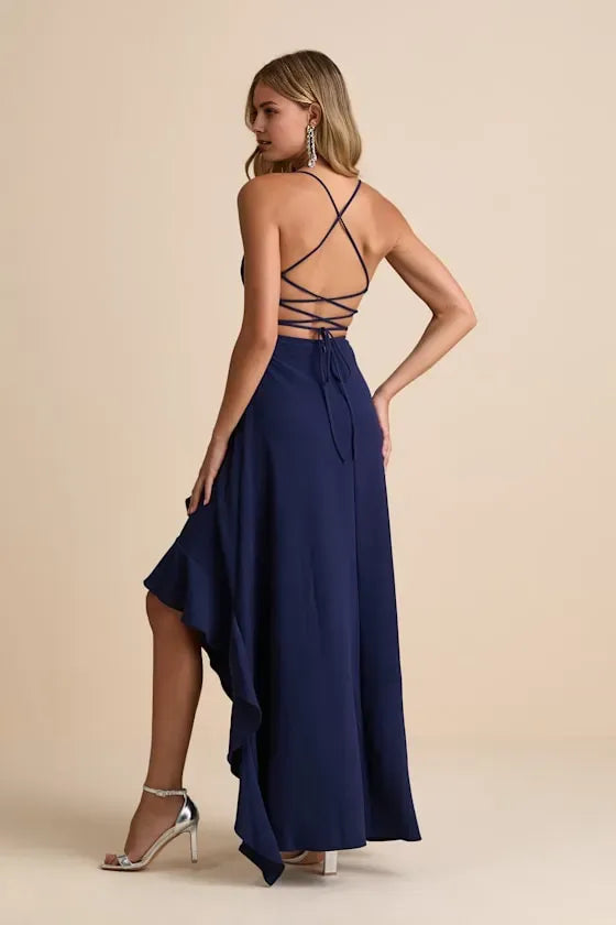 Fashionable Dark Navy A-Line V -Neck Spaghetti Straps Crisscross Back High-Low Ruffled Prom Dress