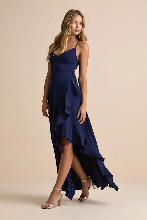 Fashionable Dark Navy A-Line V -Neck Spaghetti Straps Crisscross Back High-Low Ruffled Prom Dress
