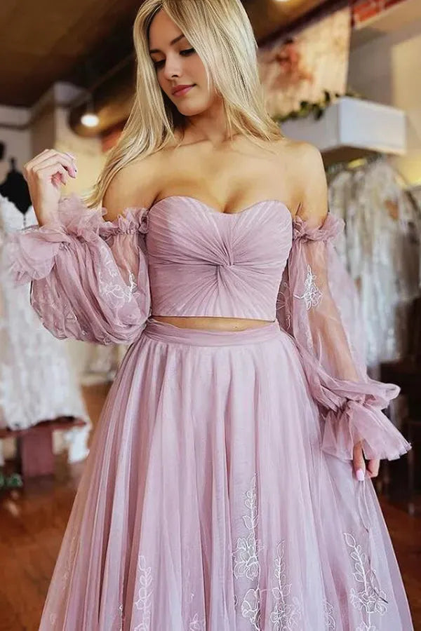 Fashionable Dusty Pink A-Line Off the Shoulder Long Sleeves Two-Piece Lace Applique Tulle Floor-Length Prom Dress