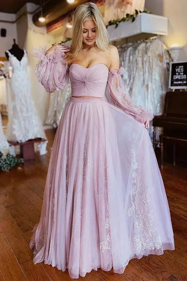 Fashionable Dusty Pink A-Line Off the Shoulder Long Sleeves Two-Piece Lace Applique Tulle Floor-Length Prom Dress