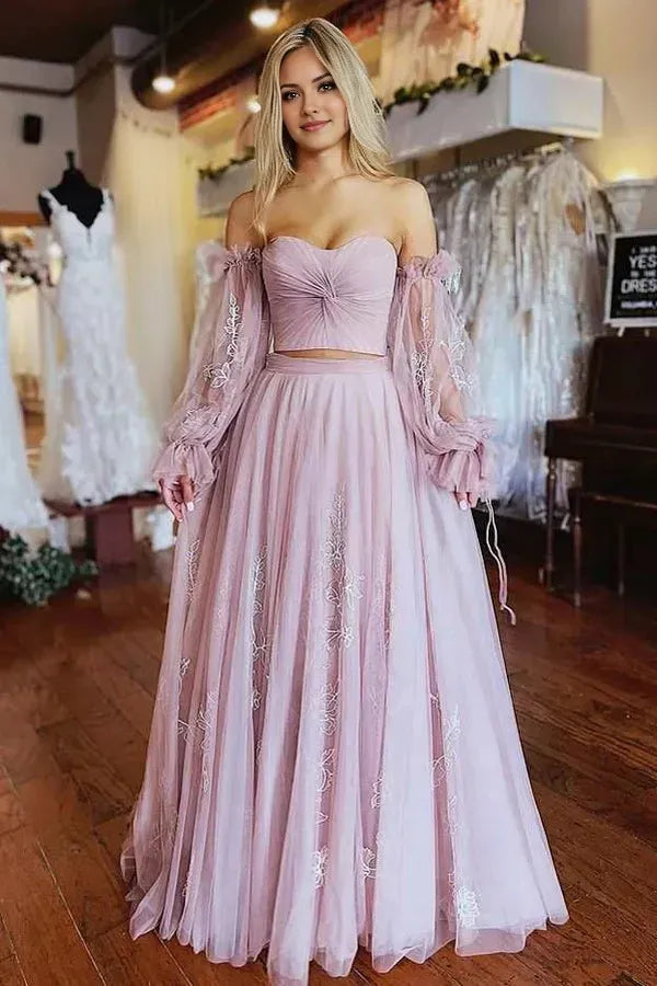 Fashionable Dusty Pink A-Line Off the Shoulder Long Sleeves Two-Piece Lace Applique Tulle Floor-Length Prom Dress