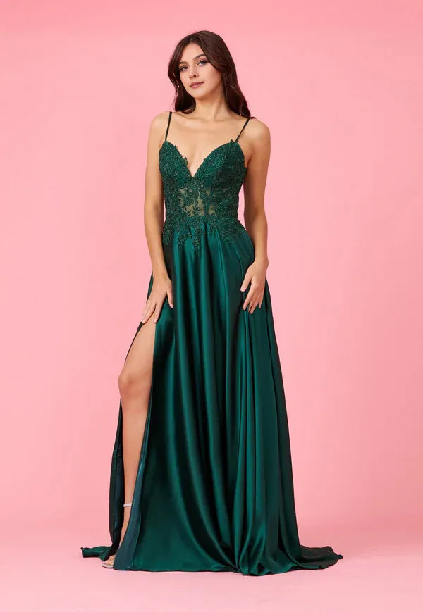 Fashionable Green A-Line Deep V-Neck Sleeveless Lace Embellished Back Zip High-Slit Floor-Length Prom Dress Hot Sale