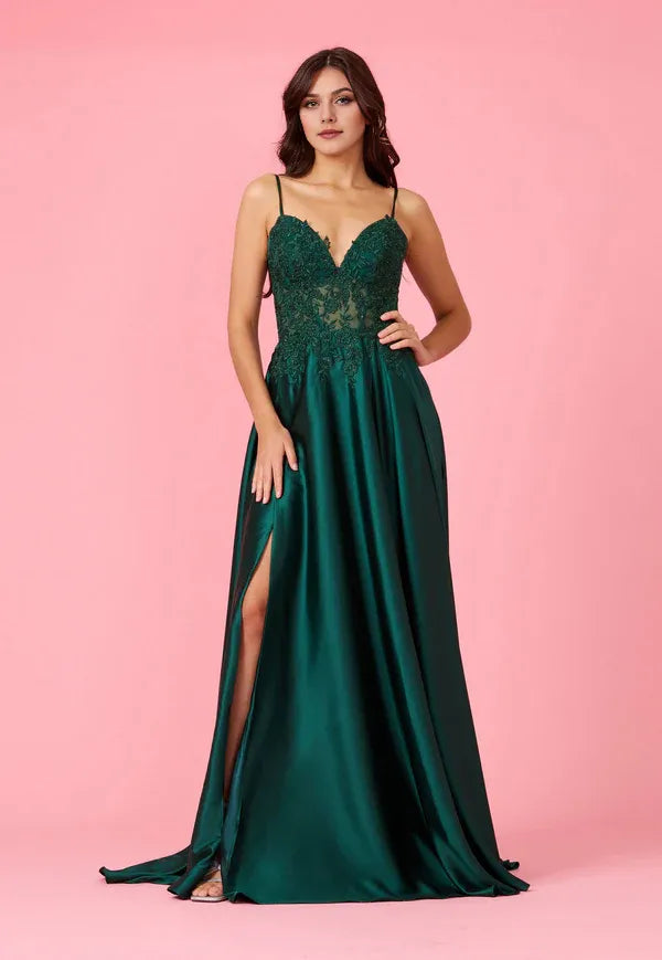 Fashionable Green A-Line Deep V-Neck Sleeveless Lace Embellished Back Zip High-Slit Floor-Length Prom Dress Hot Sale