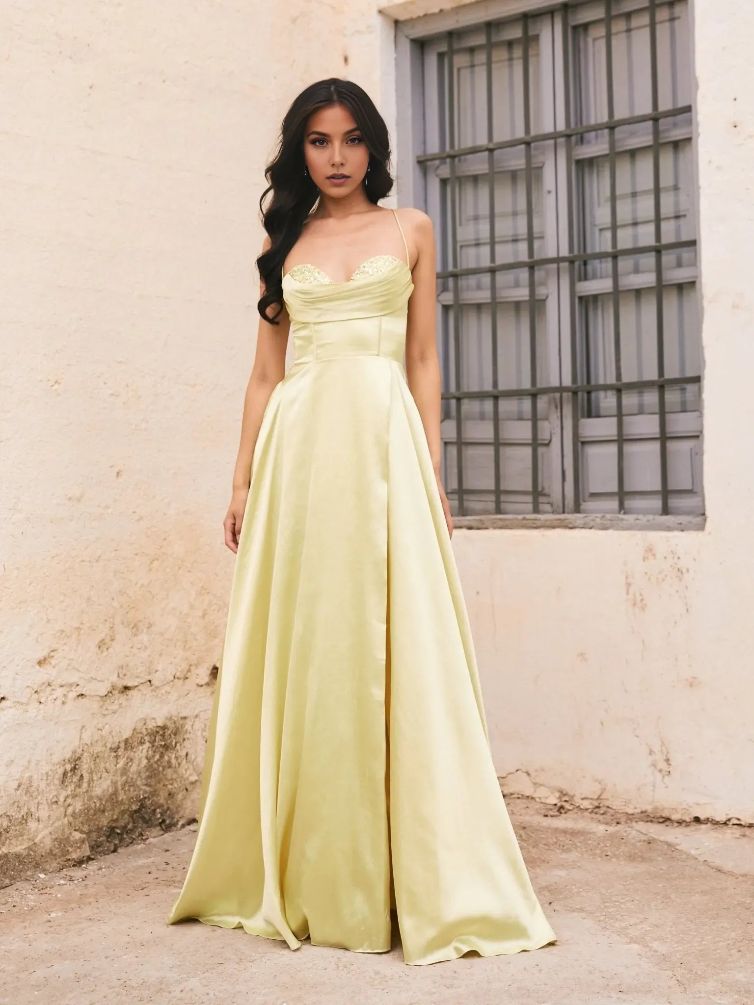 Fashionable Lemon Yellow A-Line Sweetheart Neck Spaghetti-Strap Lace-Up Back Satin High Slit Prom Dress
