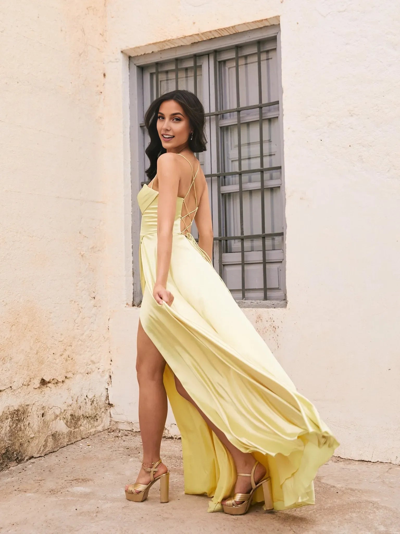 Fashionable Lemon Yellow A-Line Sweetheart Neck Spaghetti-Strap Lace-Up Back Satin High Slit Prom Dress