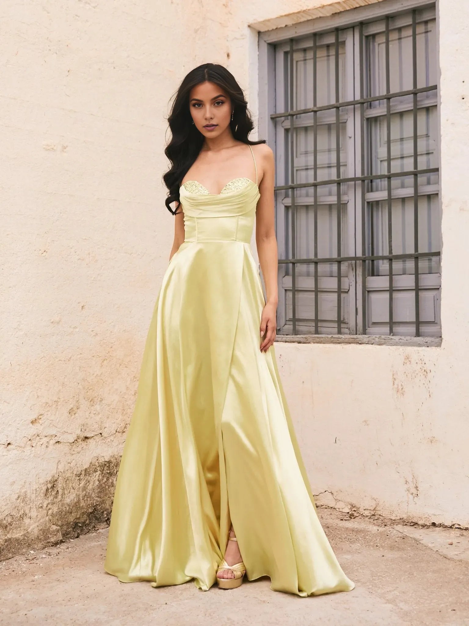 Fashionable Lemon Yellow A-Line Sweetheart Neck Spaghetti-Strap Lace-Up Back Satin High Slit Prom Dress