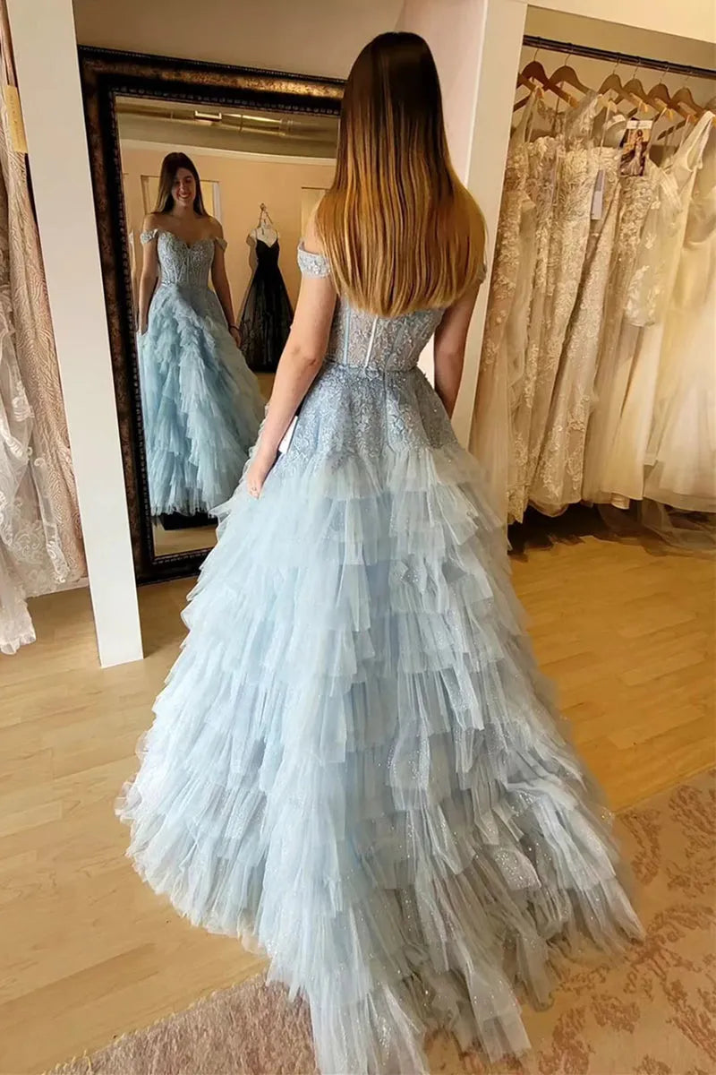 Fashionable Light Blue A Line Off the Shoulder Sleeveless Lace-Embellished Tiered Tulle Back Zip Floor-Length Prom Dress with Appliques