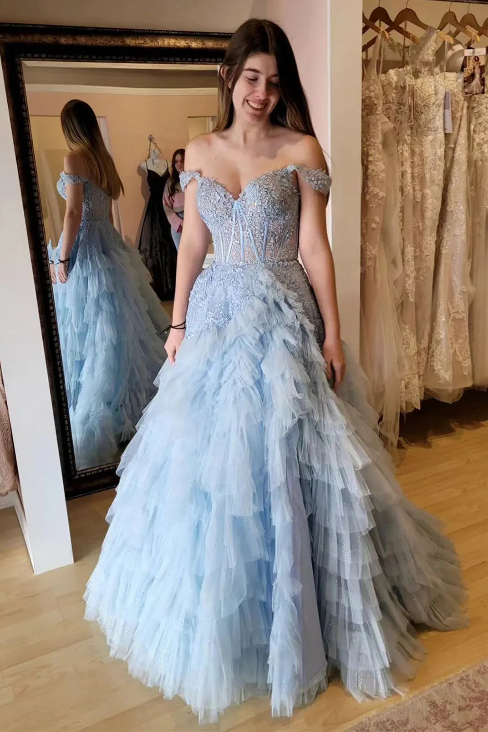 Fashionable Light Blue A Line Off the Shoulder Sleeveless Lace-Embellished Tiered Tulle Back Zip Floor-Length Prom Dress with Appliques