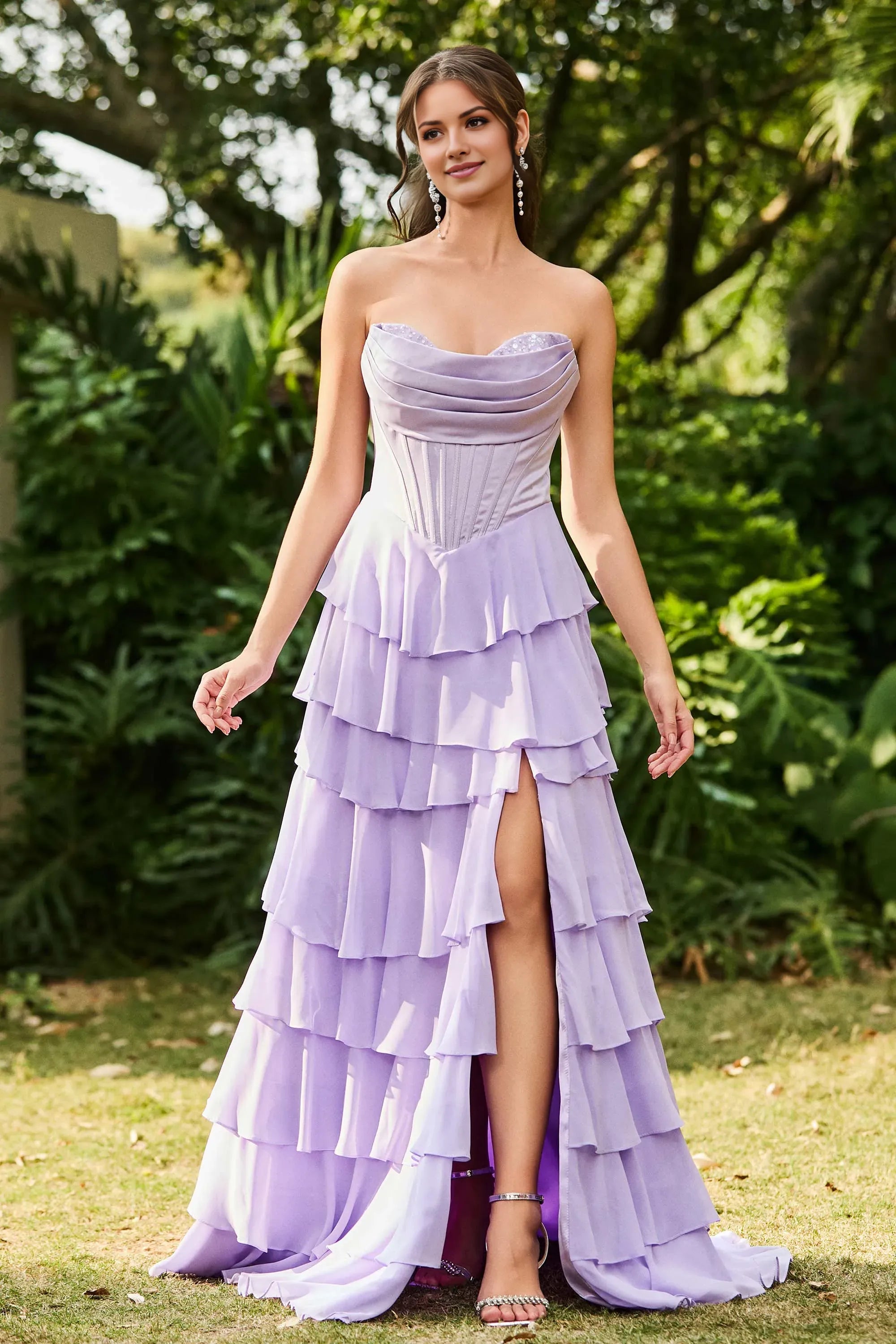 Fashionable Lilac A-Line Cowl Neck Strapless Pleated Back Zip Chiffon Floor-Length Prom Dresses With Slit