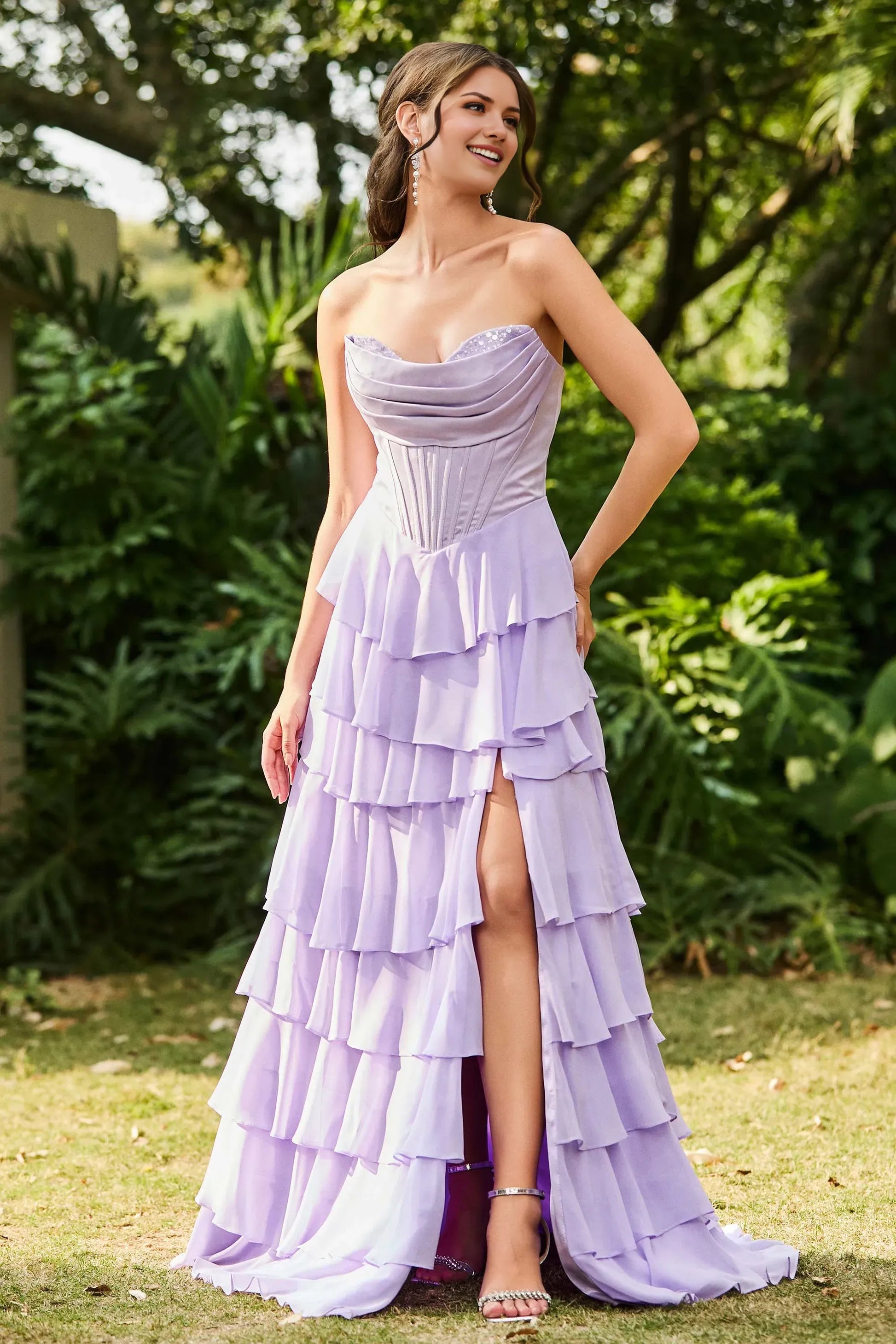 Fashionable Lilac A-Line Cowl Neck Strapless Pleated Back Zip Chiffon Floor-Length Prom Dresses With Slit