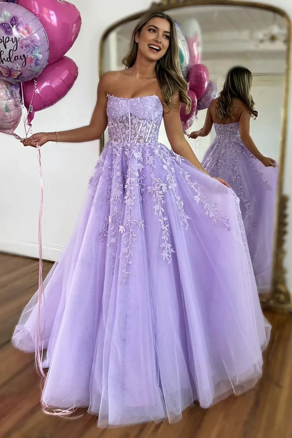 Fashionable Lilac A-Line Strapless Sleeveless Lace Appliques Tulle Back Zip Floor-Length Prom Dress with Appliques