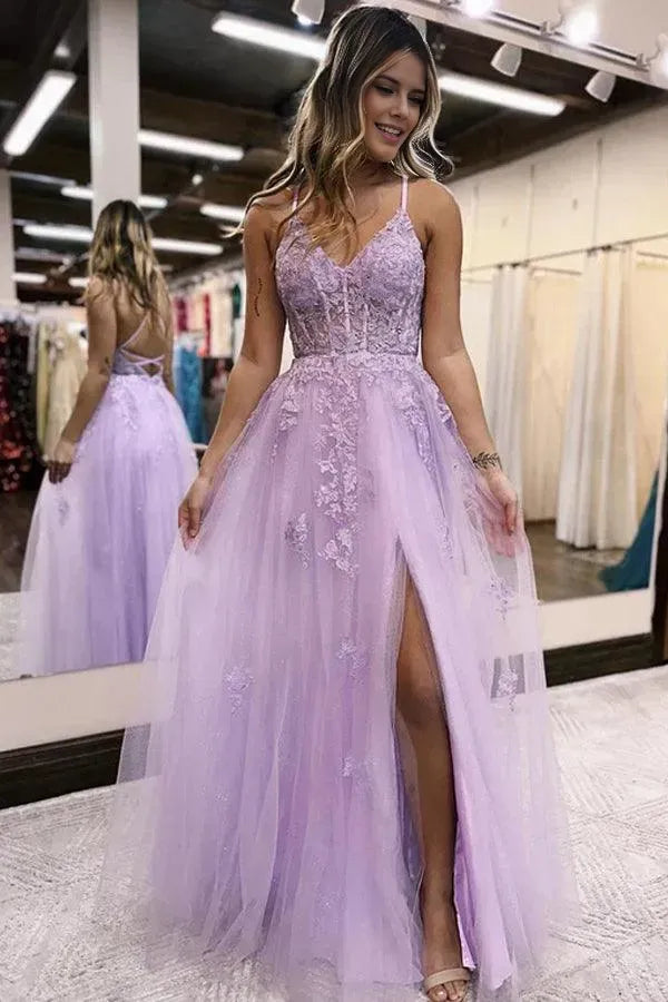 Fashionable Lilac A-Line V -Neck Sleeveless Draped Crisscross Back Tulle Floor-Length Prom  Dress with Slit