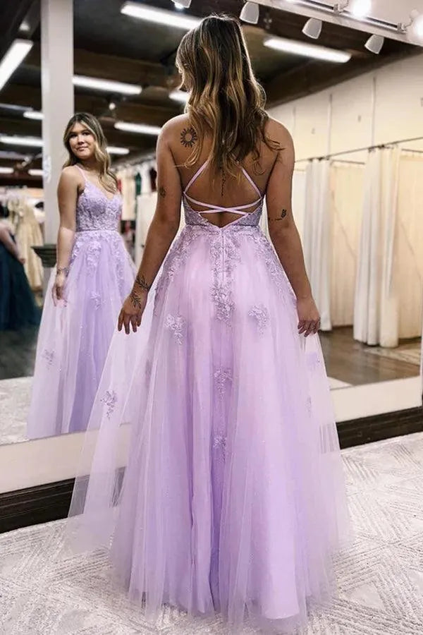 Fashionable Lilac A-Line V -Neck Sleeveless Draped Crisscross Back Tulle Floor-Length Prom  Dress with Slit