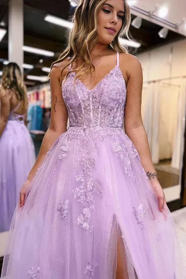 Fashionable Lilac A-Line V -Neck Sleeveless Draped Crisscross Back Tulle Floor-Length Prom  Dress with Slit