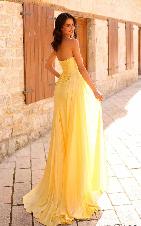 Fashionable Mermaid Straight Neckline Strapless Back Zip Ruched High Slit Floor-Length Prom Dresses ﻿