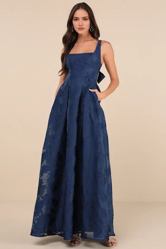 Fashionable Navy A-Line Square Neck Sleeveless Bow-Back Ankle-Length Jacquard Prom Dresses