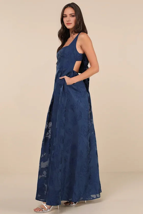 Fashionable Navy A-Line Square Neck Sleeveless Bow-Back Ankle-Length Jacquard Prom Dresses