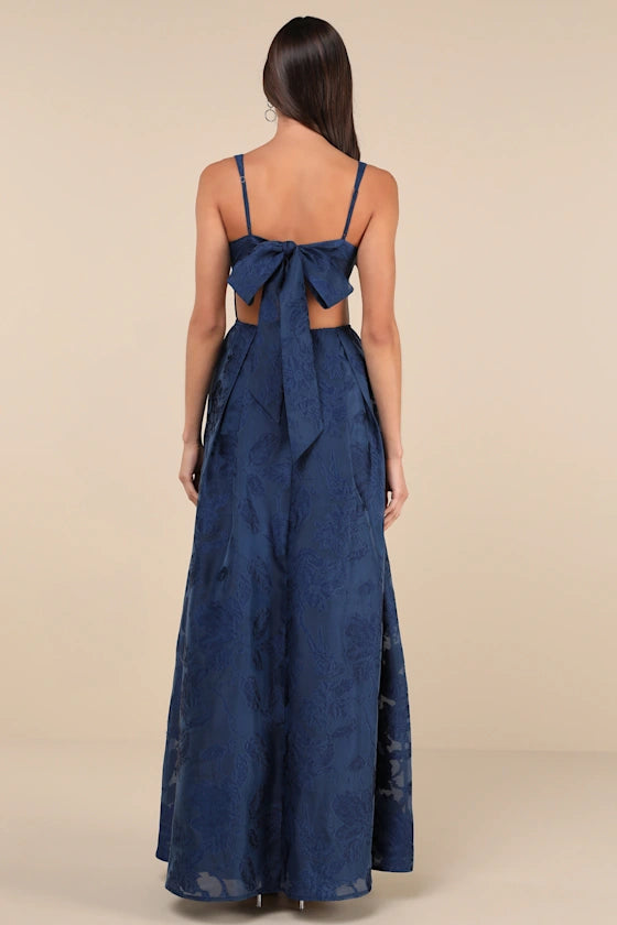 Fashionable Navy A-Line Square Neck Sleeveless Bow-Back Ankle-Length Jacquard Prom Dresses