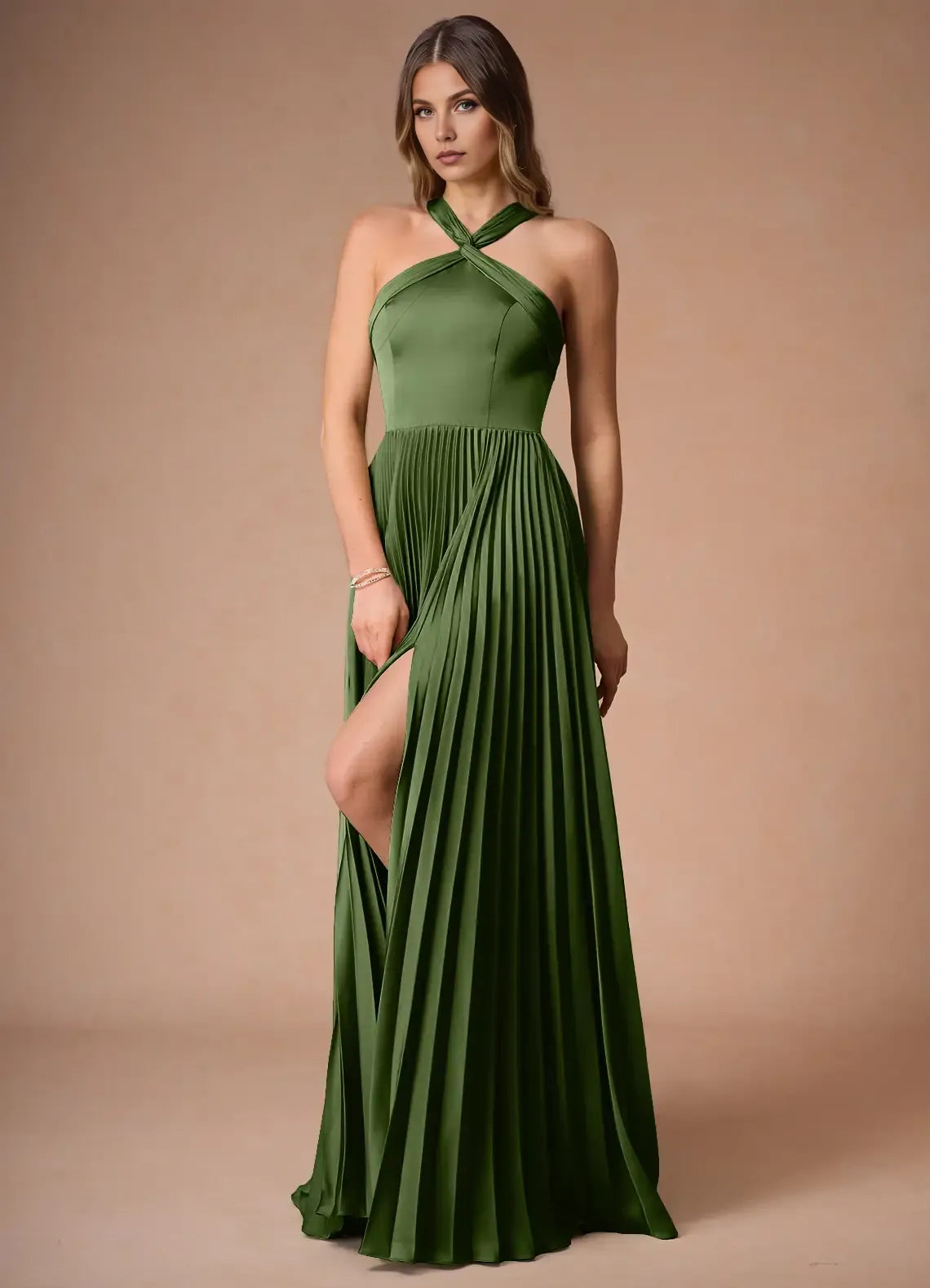 Fashionable Olive Green A-Line Halter Neck Sleeveless Crisscross Pleated Slit Floor-Length Prom Dresses
