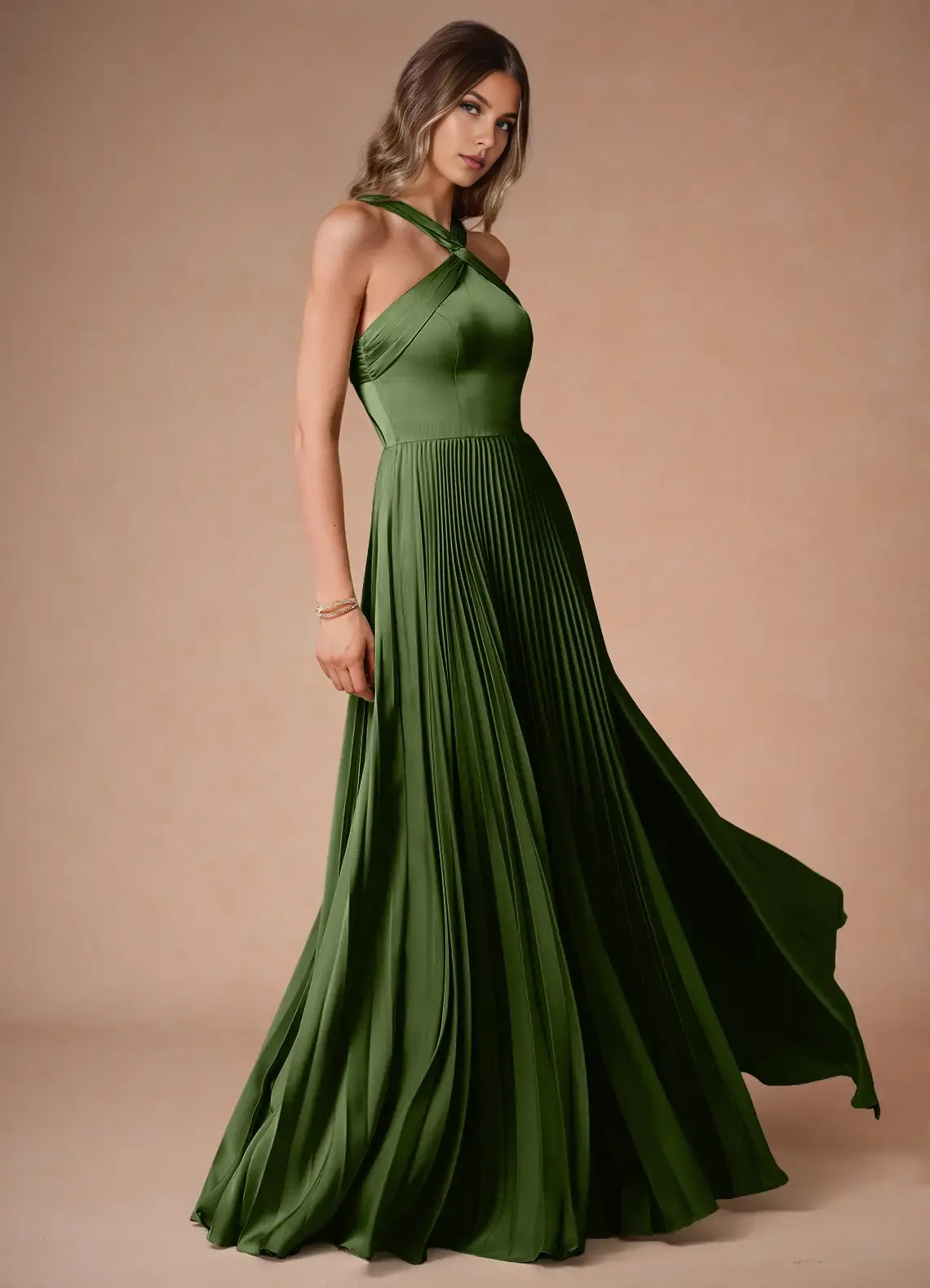 Fashionable Olive Green A-Line Halter Neck Sleeveless Crisscross Pleated Slit Floor-Length Prom Dresses