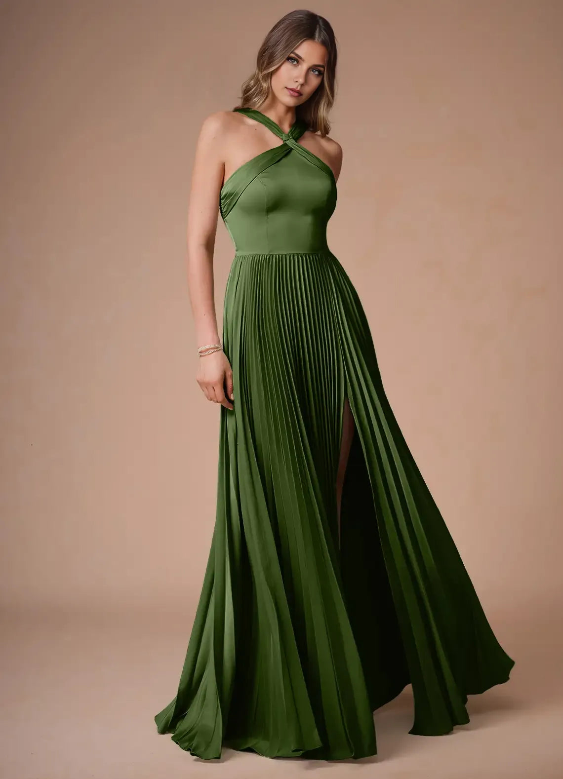Fashionable Olive Green A-Line Halter Neck Sleeveless Crisscross Pleated Slit Floor-Length Prom Dresses