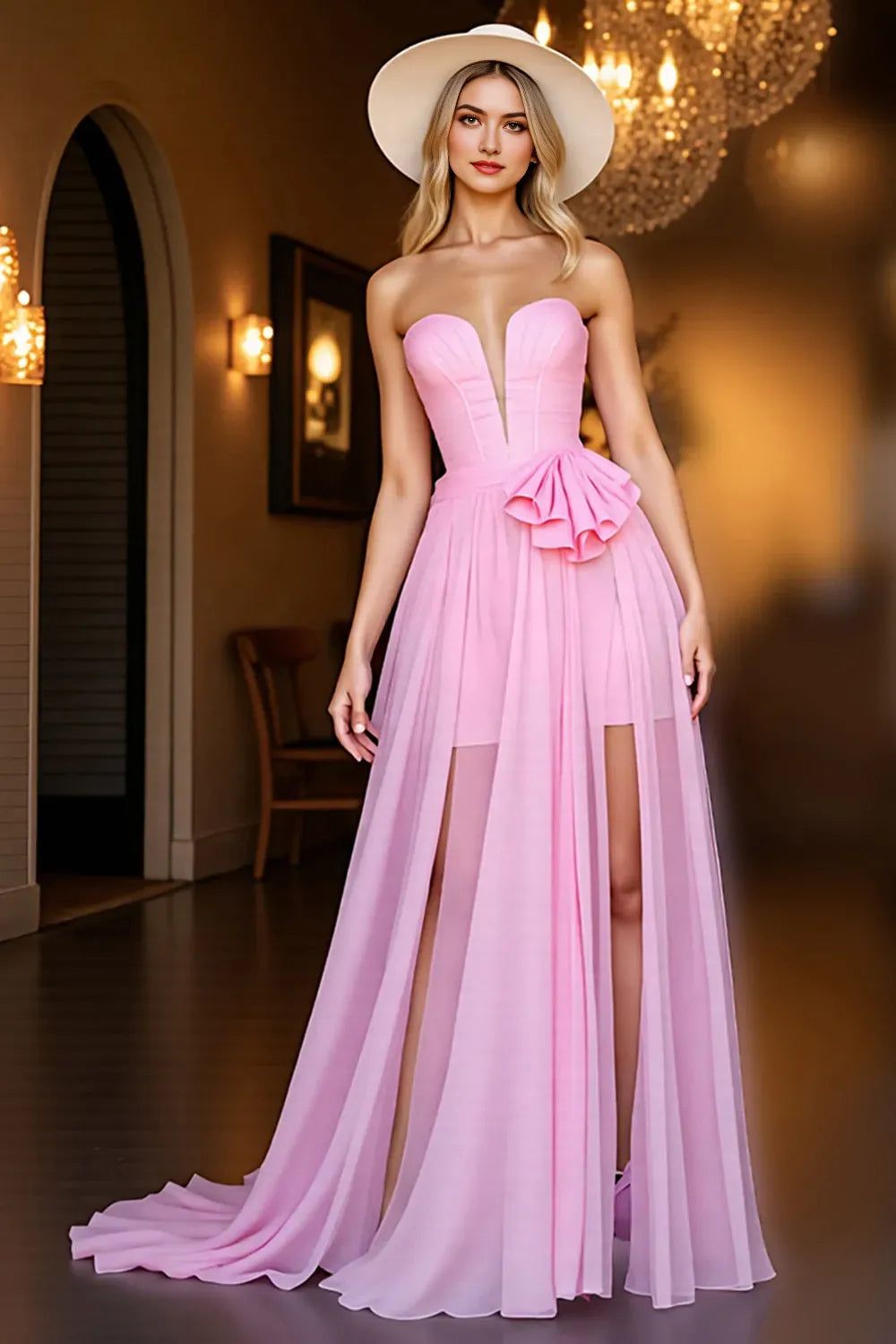 Fashionable Pink A-Line Deep V-Neck Strapless Ruffle-Embellished Back Zip Floor-Length High-Slit Prom Dresses