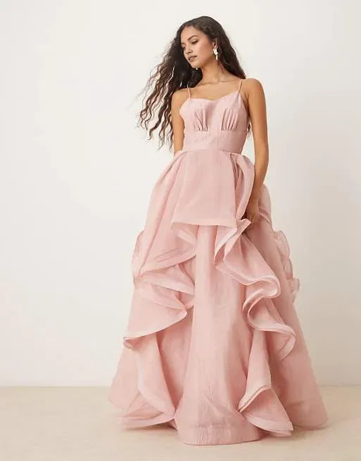 Fashionable Pink A-Line Spaghetti Straps Sleeveless Ruffled Back Zip Floor-Length Prom Dresses for women for sale