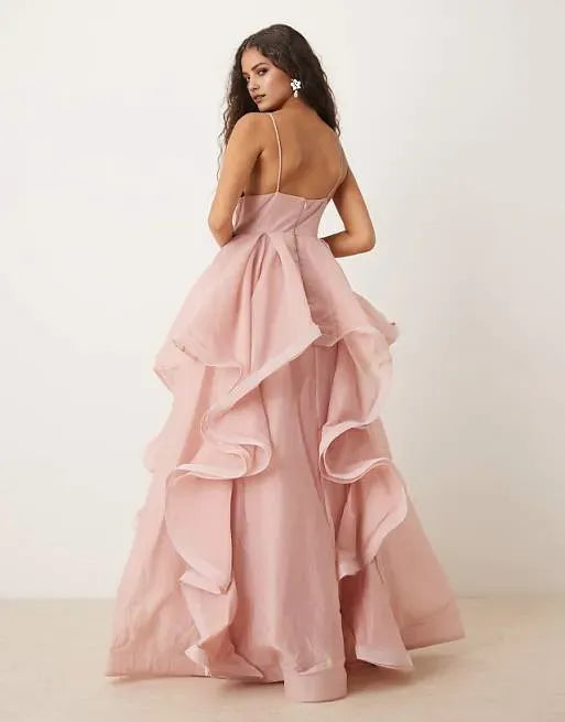 Fashionable Pink A-Line Spaghetti Straps Sleeveless Ruffled Back Zip Floor-Length Prom Dresses for women for sale