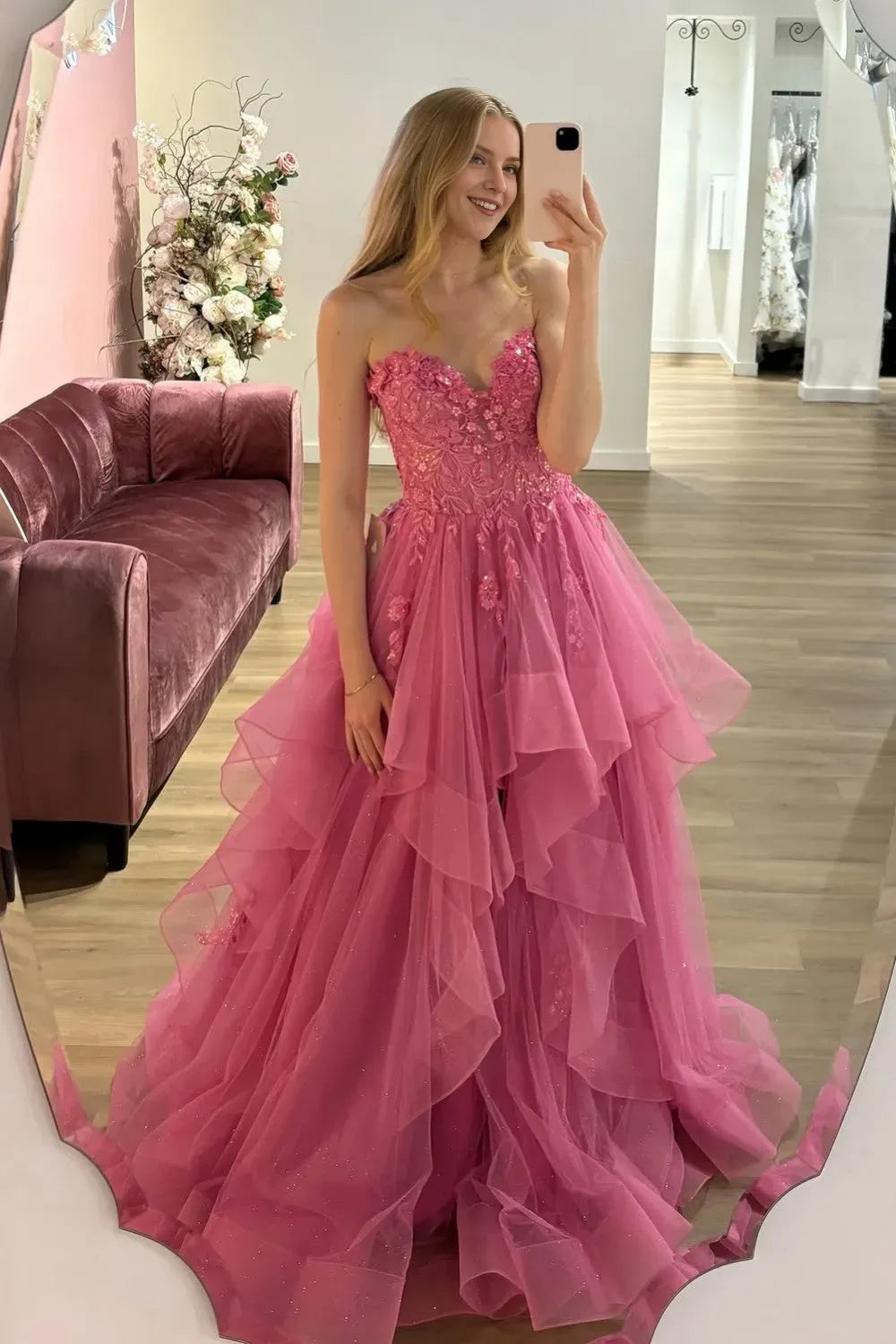Fashionable Pink A-Line Sweetheart Neck Sleeveless Floral Lace Ruffled Tulle Lace Up Floor-Length Prom Dress With Appliques