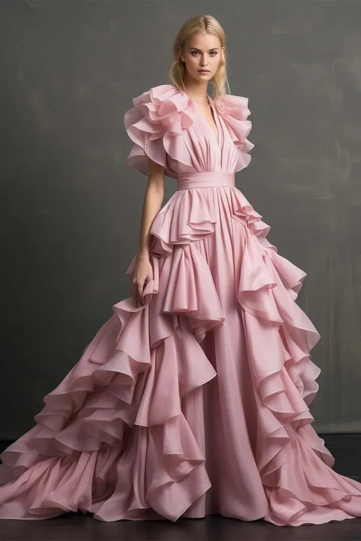 Fashionable Pink A-Line V-Neck Tulle Ruffle Sleeve Back Zip Sweep/Brush Train Prom Dresses