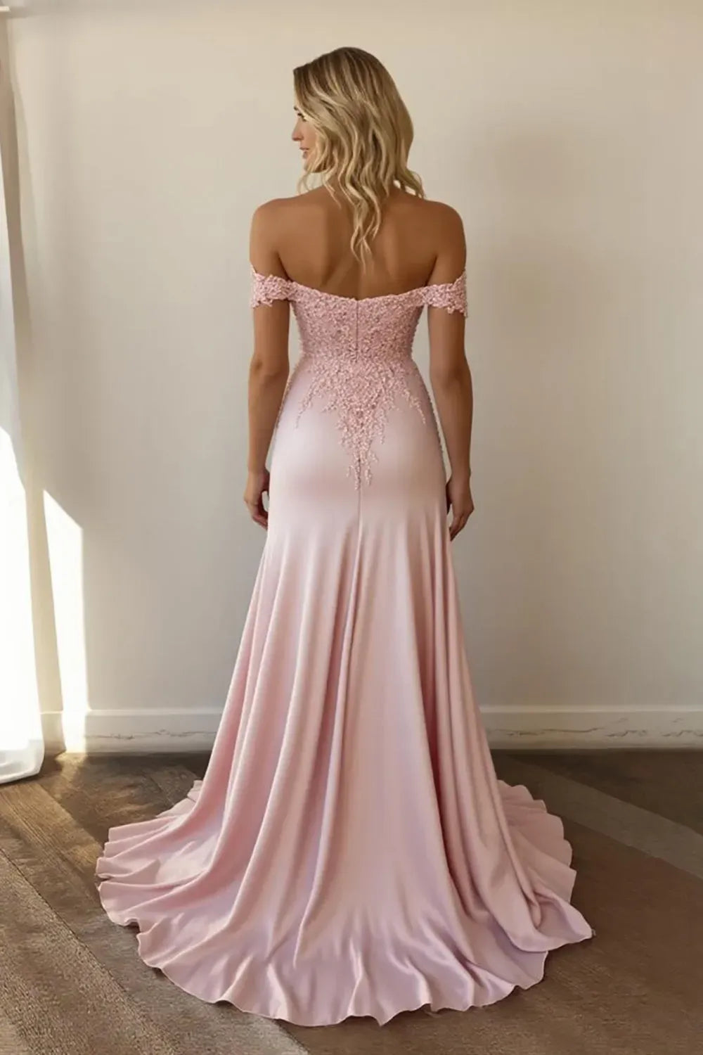Fashionable Pink Mermaid Off-Shoulder Sleeveless Floral Back Zip Floor-Length Prom Dress with Lace