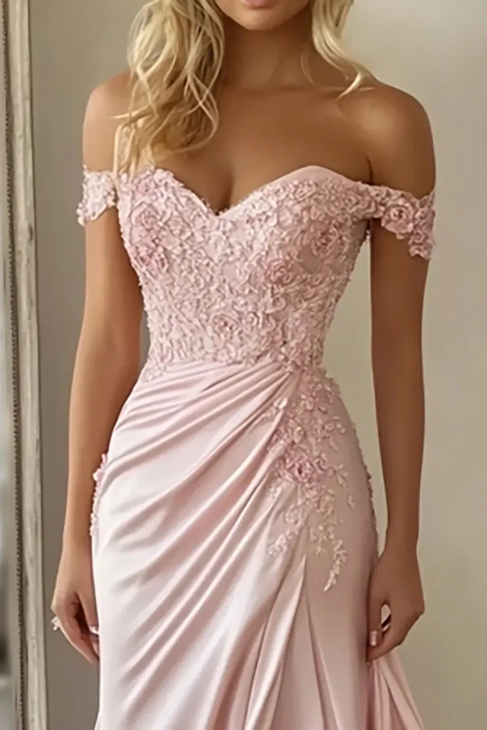Fashionable Pink Mermaid Off-Shoulder Sleeveless Floral Back Zip Floor-Length Prom Dress with Lace