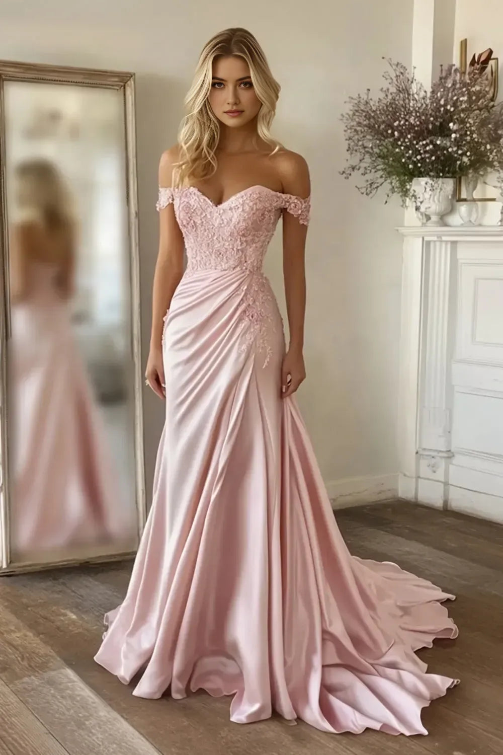 Fashionable Pink Mermaid Off-Shoulder Sleeveless Floral Back Zip Floor-Length Prom Dress with Lace