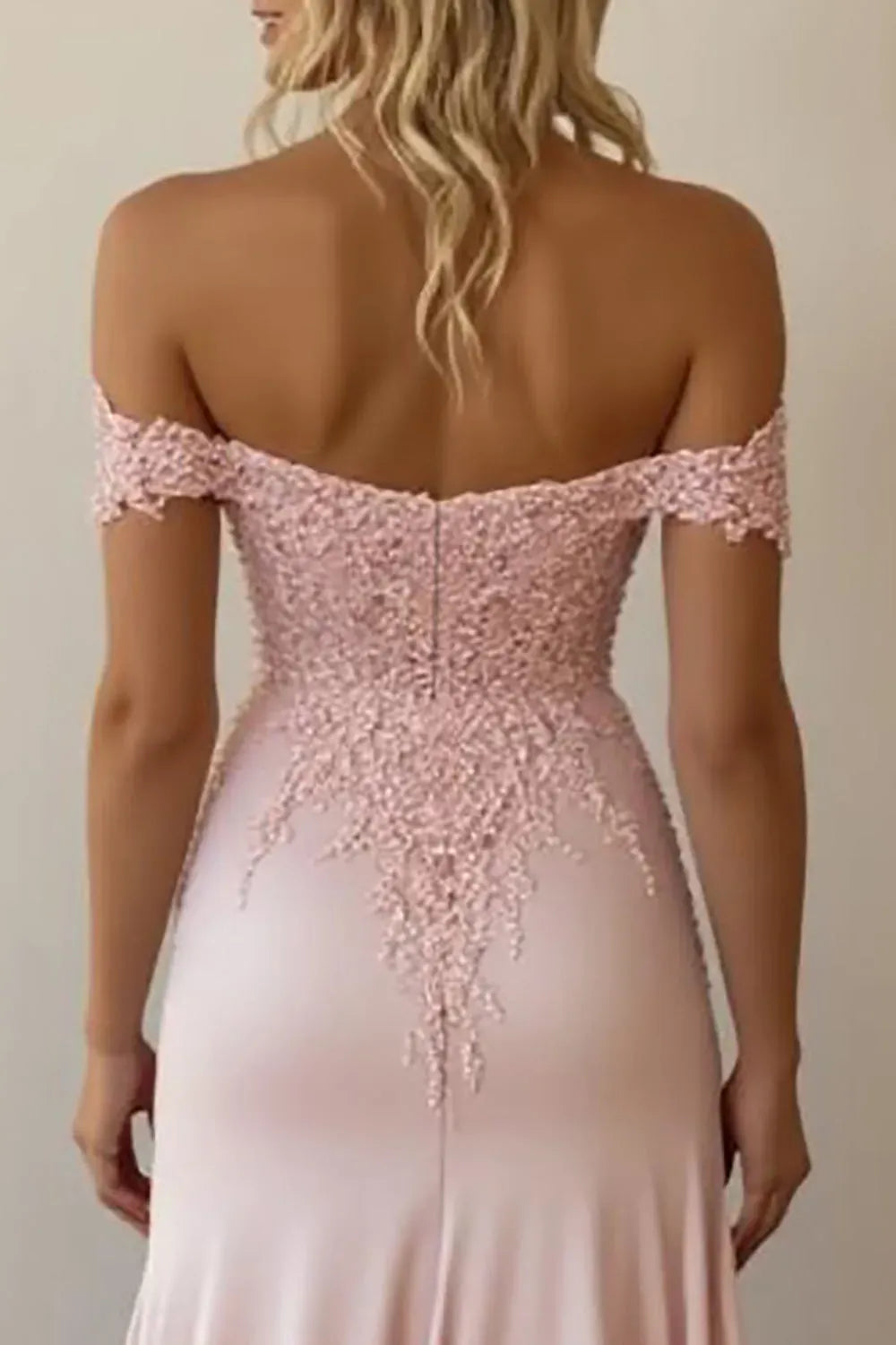 Fashionable Pink Mermaid Off-Shoulder Sleeveless Floral Back Zip Floor-Length Prom Dress with Lace
