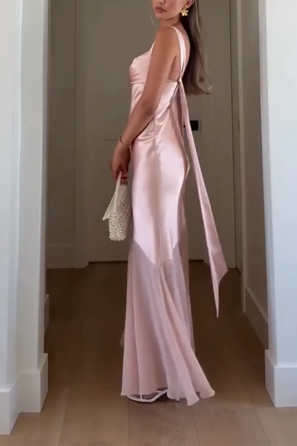 Fashionable Pink Mermaid Satin Square Neck Sleeveless Backless Tie -Back Back Zip Ankle-Length Prom Dresses