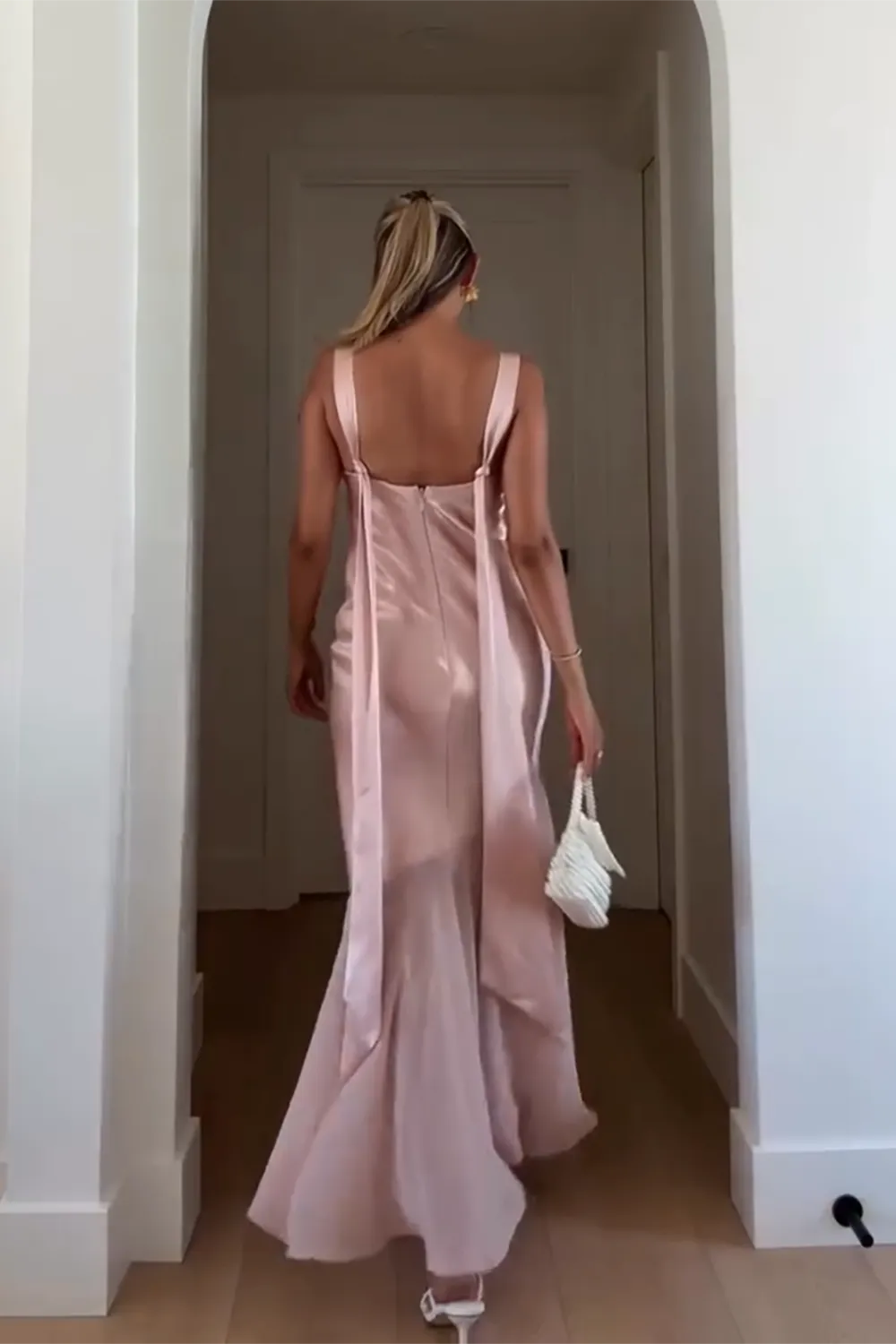 Fashionable Pink Mermaid Satin Square Neck Sleeveless Backless Tie -Back Back Zip Ankle-Length Prom Dresses