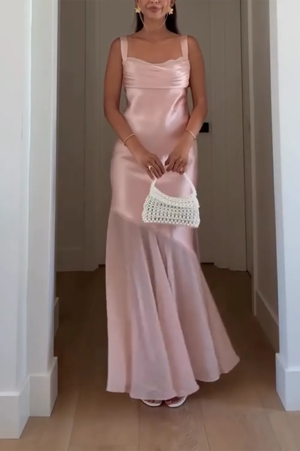 Fashionable Pink Mermaid Satin Square Neck Sleeveless Backless Tie -Back Back Zip Ankle-Length Prom Dresses