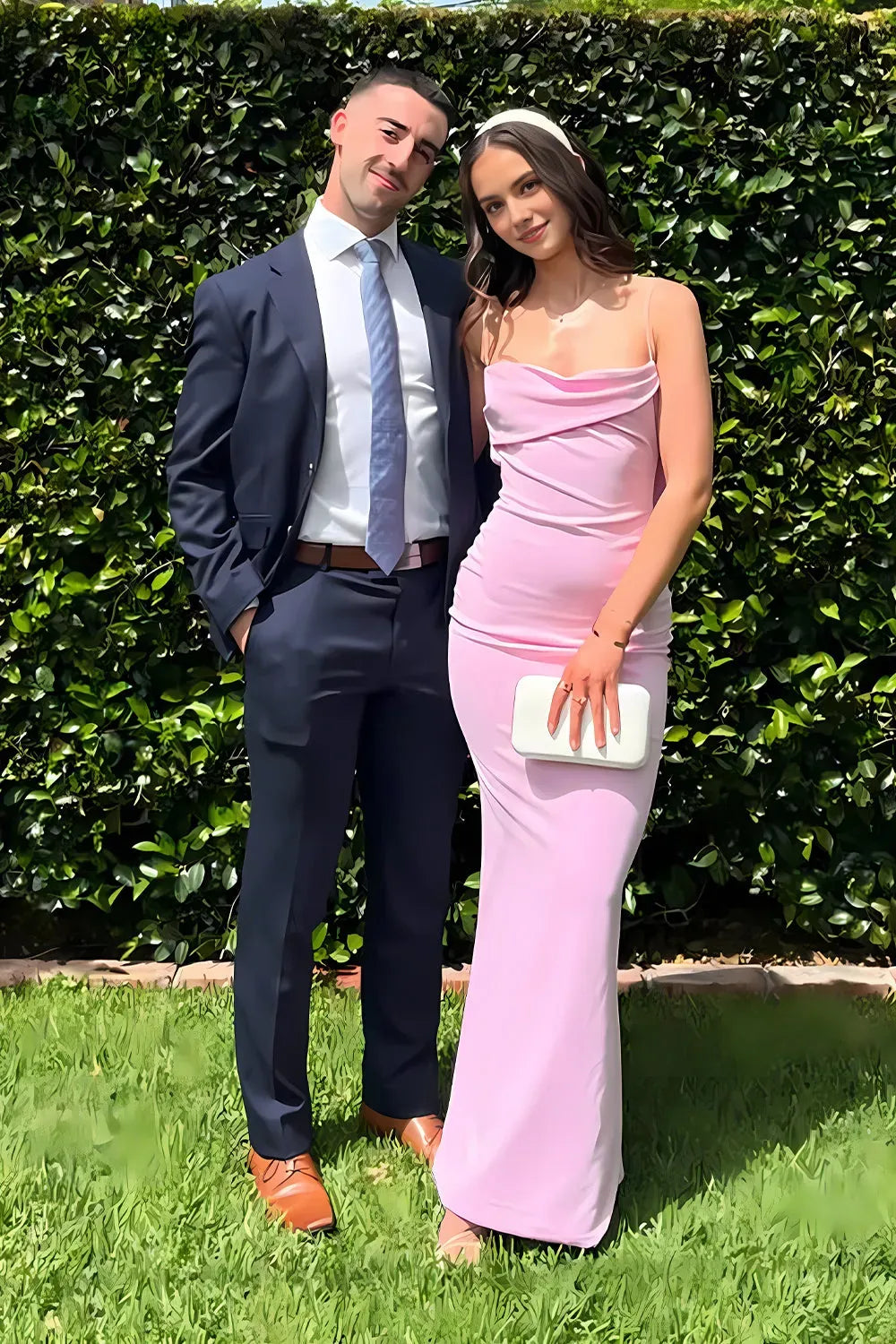 Fashionable Pink Sheath Cowl Neck Spaghetti Straps Draped Back Floor-Length Prom Dress with Ruched