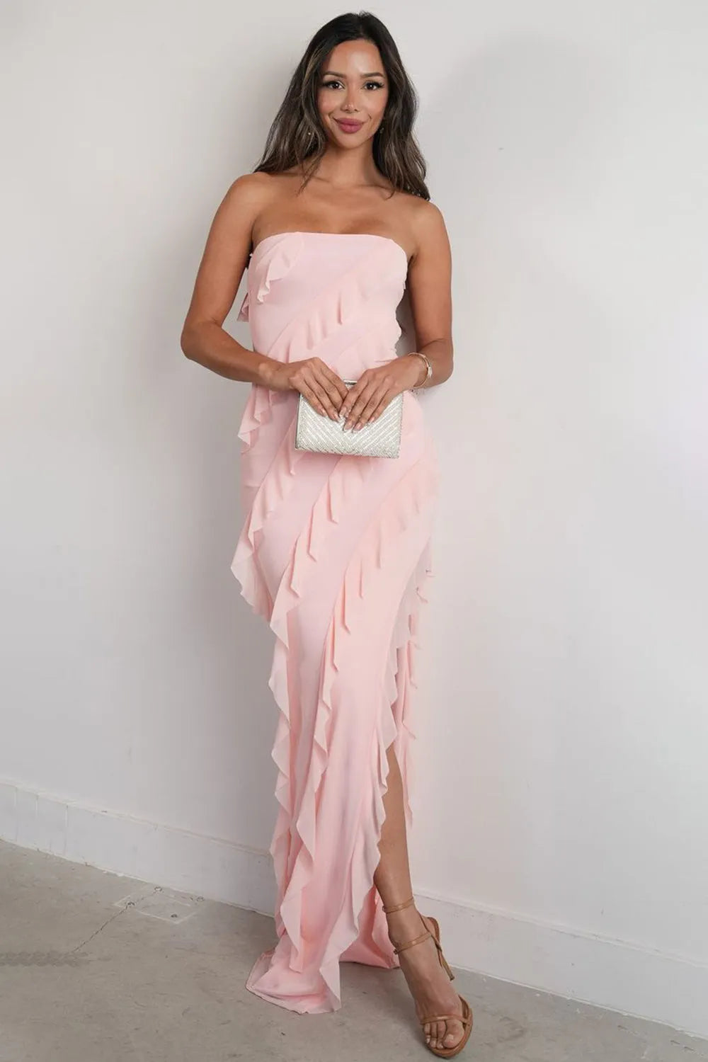Fashionable Pink Sheath Strapless Sleeveless Tiered Back Zip High Side Slit Floor-Length Prom Dresses with Ruffles