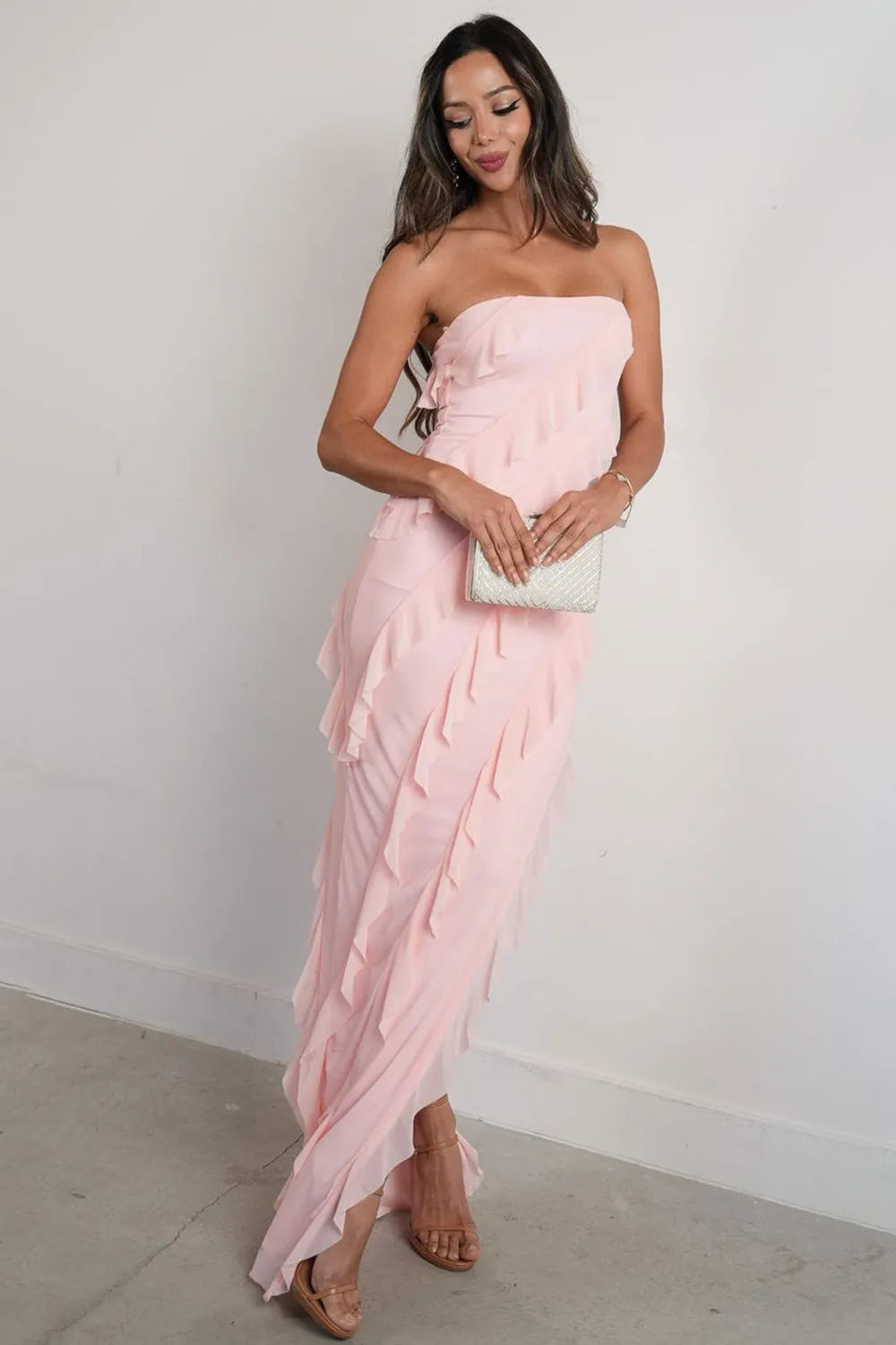 Fashionable Pink Sheath Strapless Sleeveless Tiered Back Zip High Side Slit Floor-Length Prom Dresses with Ruffles