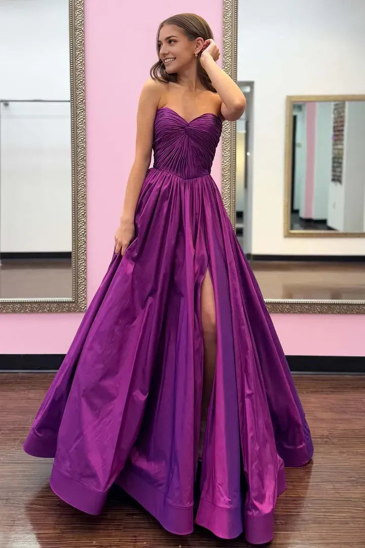 Fashionable Purple A-Line Strapless Sleeveless Open Back Back Zip Floor-Length Prom Dress with Slit Hot Sale
