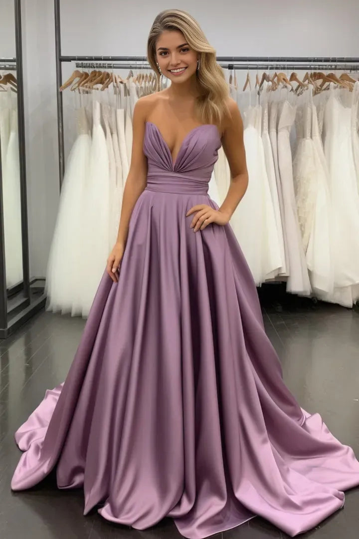 Fashionable Purple Satin A-Line Sweetheart Neck Sleeveless Open Back Lace Up Floor-Length Prom Dress Hot Sale