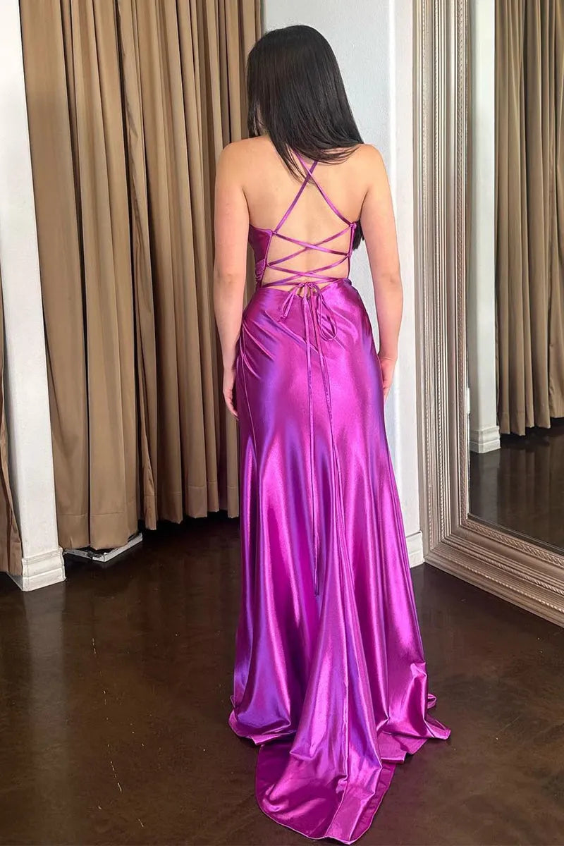 Fashionable Purple Sheath V-Neck Sleeveless Ruched Crisscross-Back Lace Up High-Slit Floor-Length Prom Dress