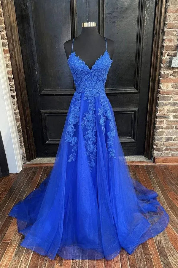 Fashionable Royal Blue A-line V Neck Spaghetti Straps Lace Tulle Floor-Length Prom Dress With Appliques