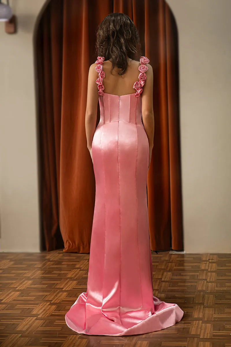 Fashionable Satin Pink Sheath Sweetheart Neck Flowers Straps Back Zip Floor-Length Prom Dress Hot Sale