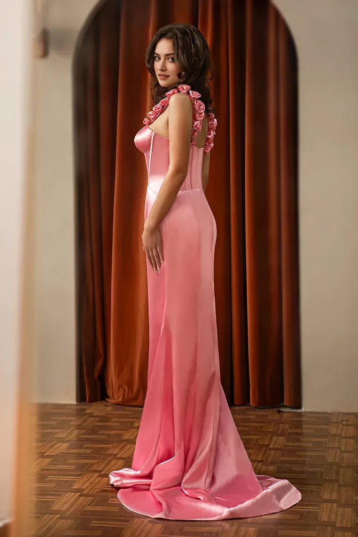 Fashionable Satin Pink Sheath Sweetheart Neck Flowers Straps Back Zip Floor-Length Prom Dress Hot Sale