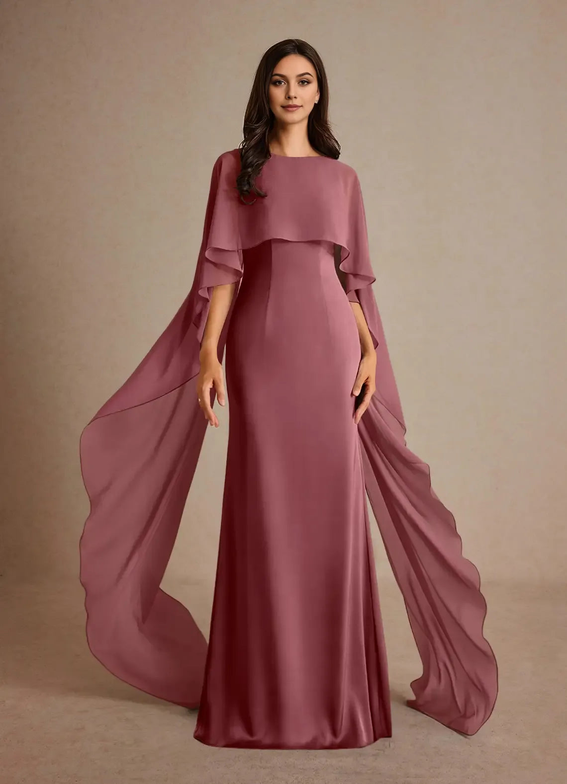 Fashionable Sheath Boat Neck Cape Sleeve Ruffles Flowing Back Zip Floor-Length Mother of the Bride Dress