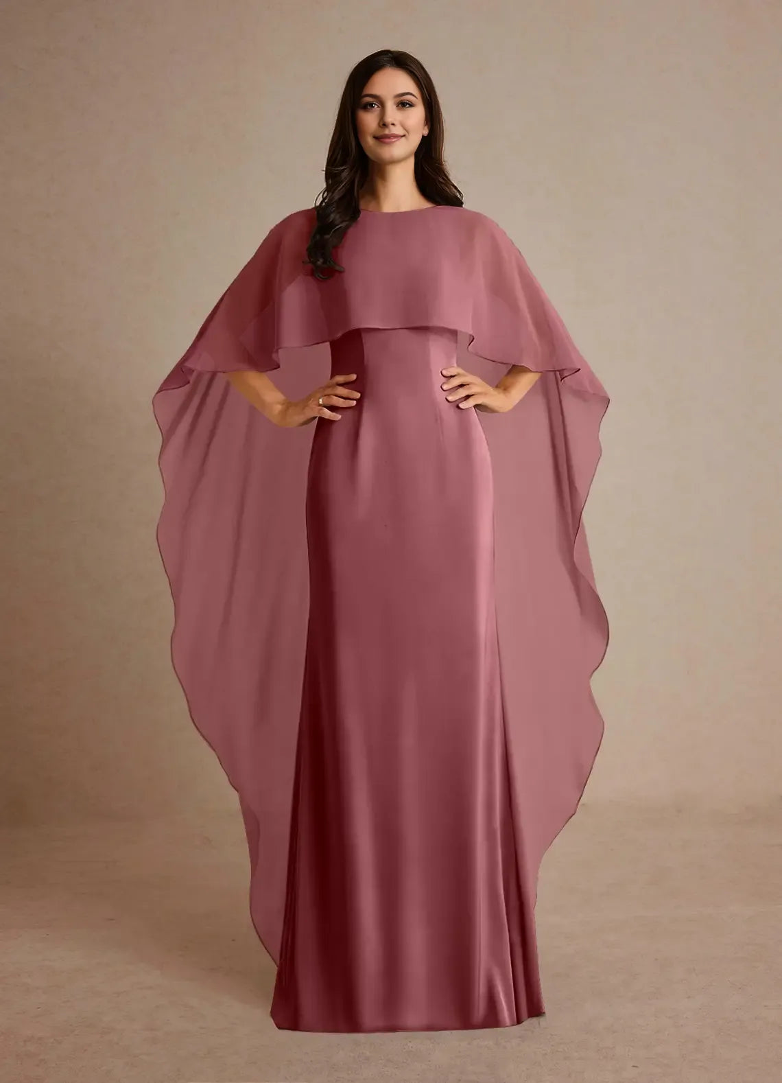 Fashionable Sheath Boat Neck Cape Sleeve Ruffles Flowing Back Zip Floor-Length Mother of the Bride Dress