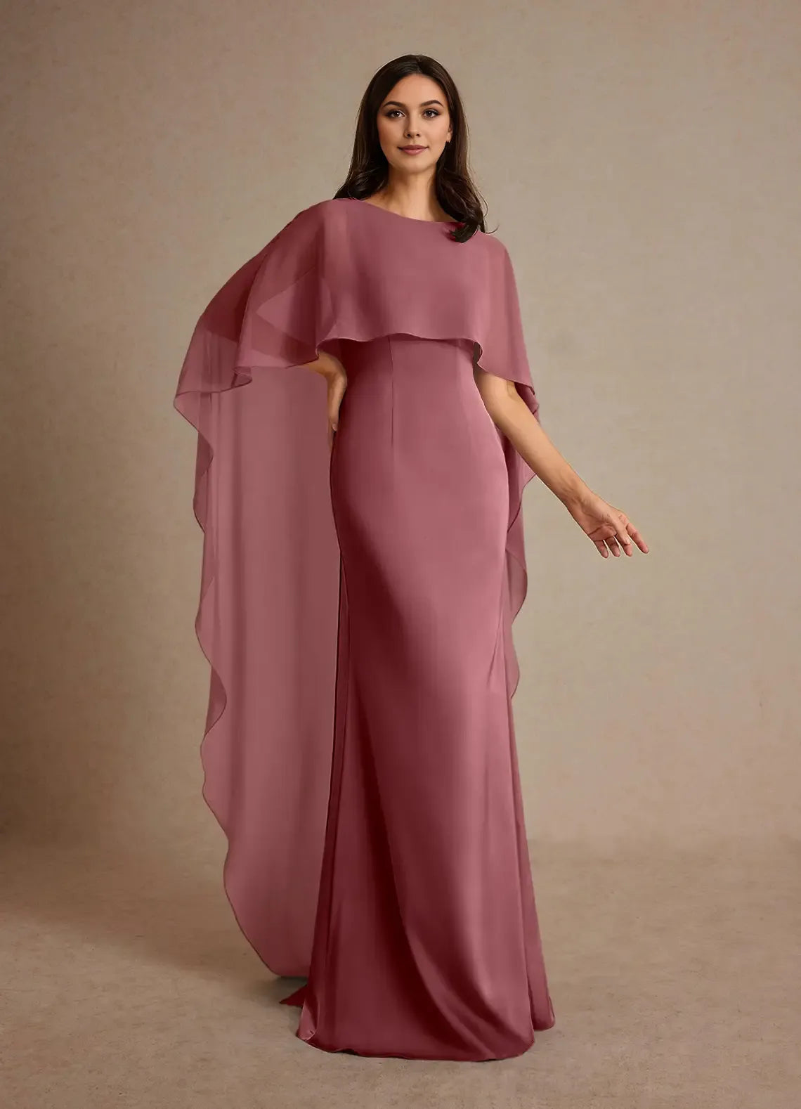 Fashionable Sheath Boat Neck Cape Sleeve Ruffles Flowing Back Zip Floor-Length Mother of the Bride Dress